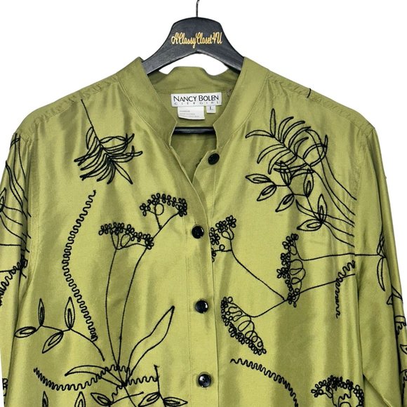 Nancy Bolen City Girl Green Silk Floral Embroidered Long Sleeve Blouse L - Picture 7 of 7